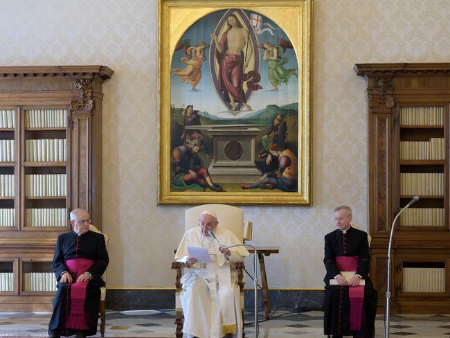 Pope Francis holding a private and restricted weekly general audience as part of precautionary measures. Picture: AFP