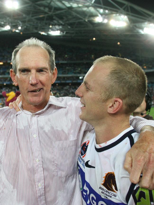 Wayne Bennett and Darren Lockyer after the 2006 Grand Final, which the Broncos won 15-8 over Melbourne Storm.