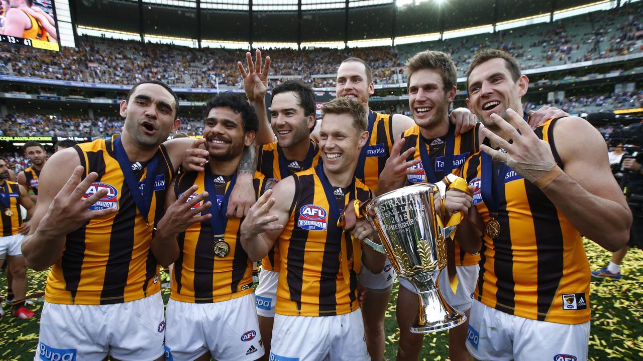 Fourt-time premiership Hawks Luke Hodge, Jordan Lewis and Sam Mitchell joined other clubs. Picture: Wayne Ludbey