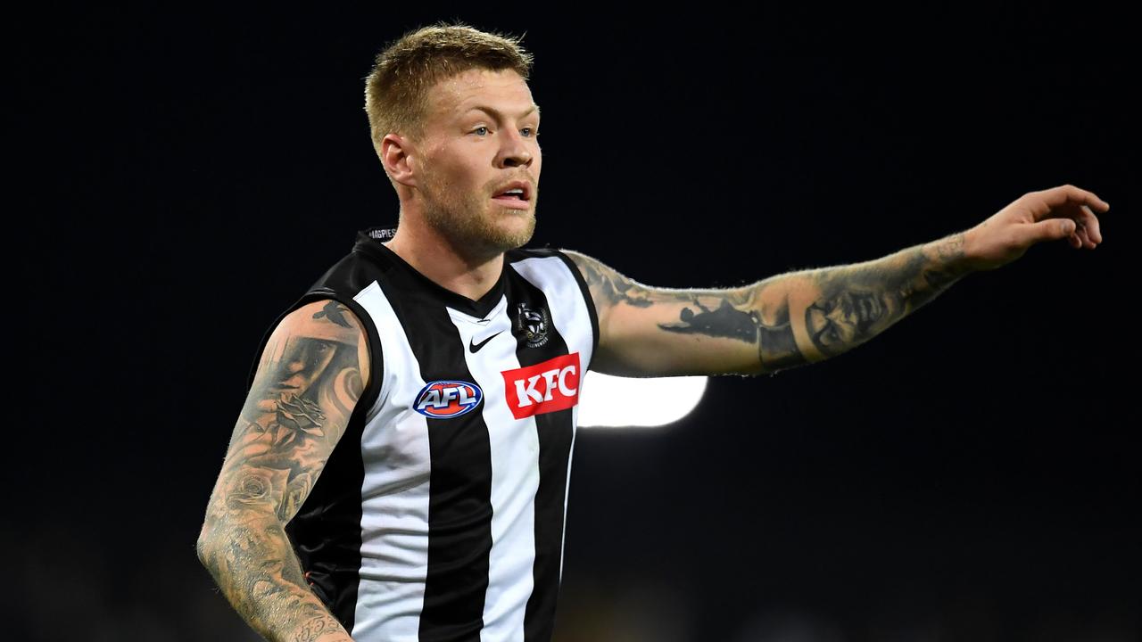GOLD COAST, AUSTRALIA - JULY 02: Jordan De Goey of the Magpies looks on during the round 16 AFL match between the Gold Coast Suns and the Collingwood Magpies at Metricon Stadium on July 02, 2022 in Gold Coast, Australia. (Photo by Albert Perez/Getty Images)