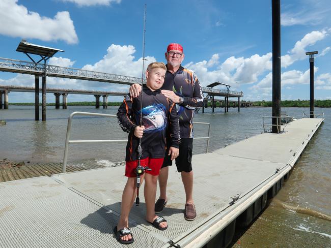 Peter Chandler with his son Harrison, 10, at the Elizabeth River boat ramp where the incident happened. Picture GLENN CAMPBELL