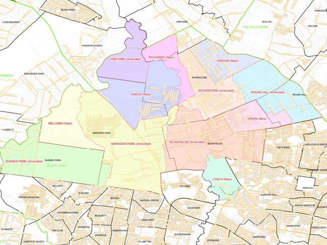 The proposed boundaries of new and altered suburbs in Blacktown city. Picture: Geographical Names Board