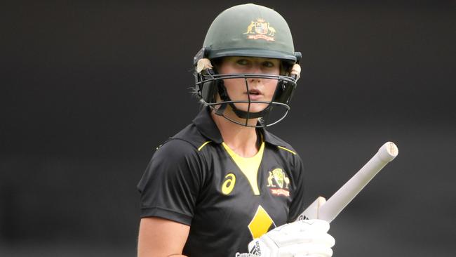 CANBERRA, AUSTRALIA - FEBRUARY 02: Ellyse Perry of Australia is dismissed during the Women's T20 Tri-Series Game 3 between Australia and India at Manuka Oval on February 02, 2020 in Canberra, Australia. (Photo by Tracey Nearmy/Getty Images)