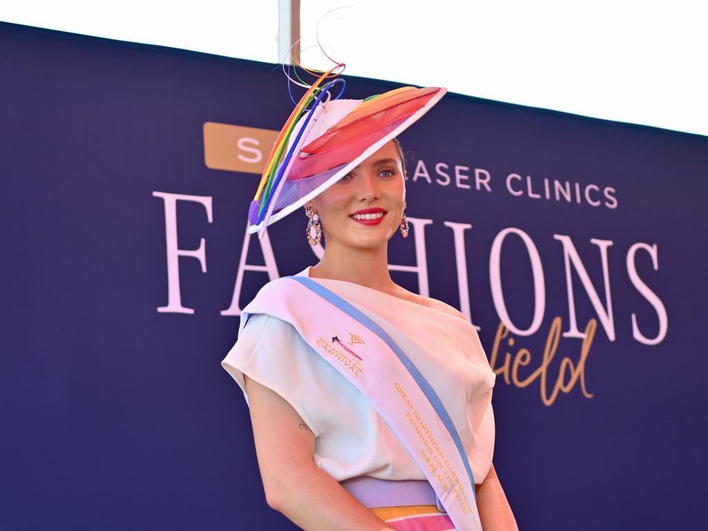 Jaimee Bruggemann wins the millinery round of the 2021 Darwin Cup Fashions on the Field. Picture: Julianne Osborne