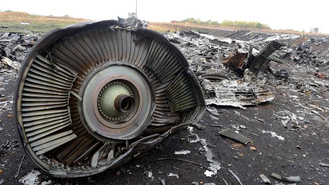 Part of the Malaysia Airlines Flight MH17 at the crash site. Picture: AFP