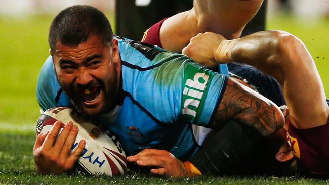Andrew Fifita of the Blues scores a try.