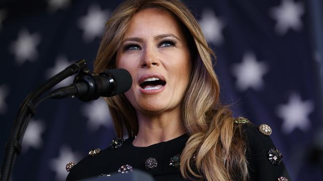 First lady Melania Trump speaks to U.S. military troops at Naval Air Station Sigonella, Saturday, May 27, 2017, in Sigonella, Italy. Picture: Evan Vucci