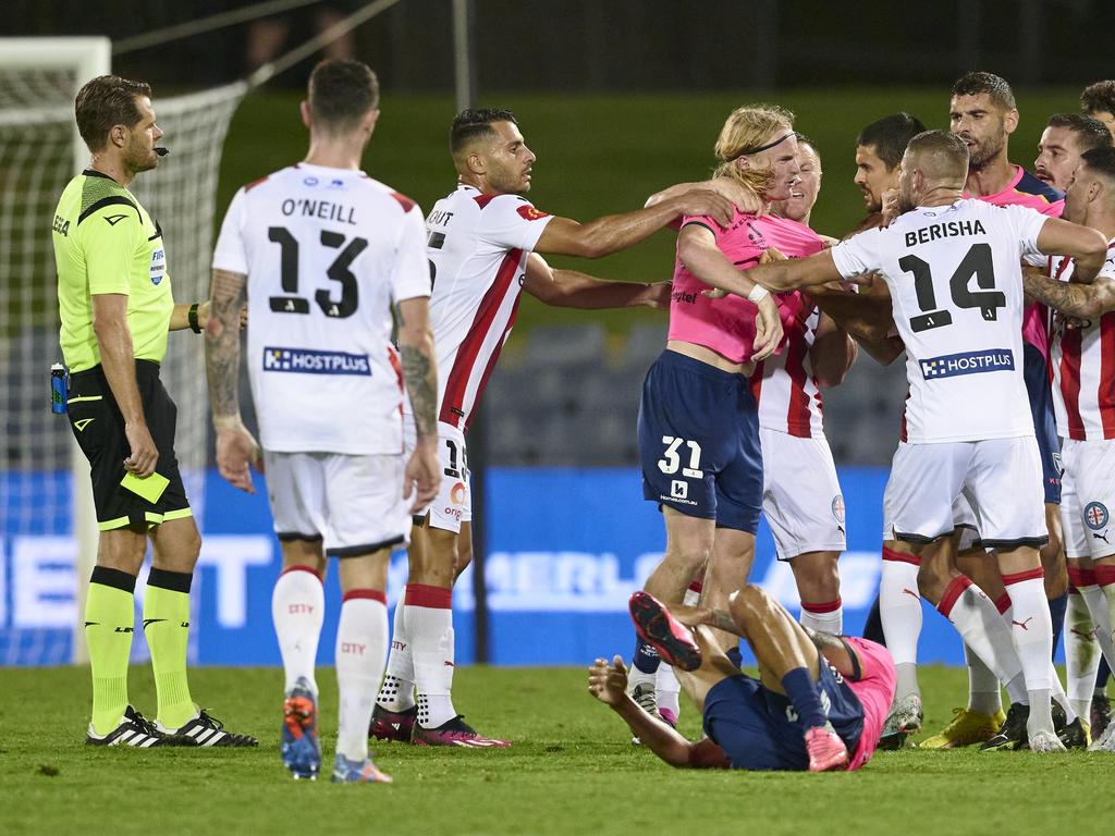 Tempers flare during Melbourne City’s draw with Macarthur FC. Picture: Brett Hemmings/Getty Images