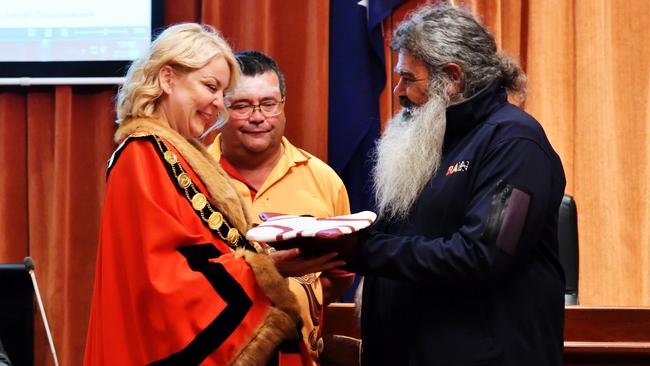 Kaurna Elder Jeffrey Newchurch, right, with Holdfast Bay mayor Amanda Wilson last year.