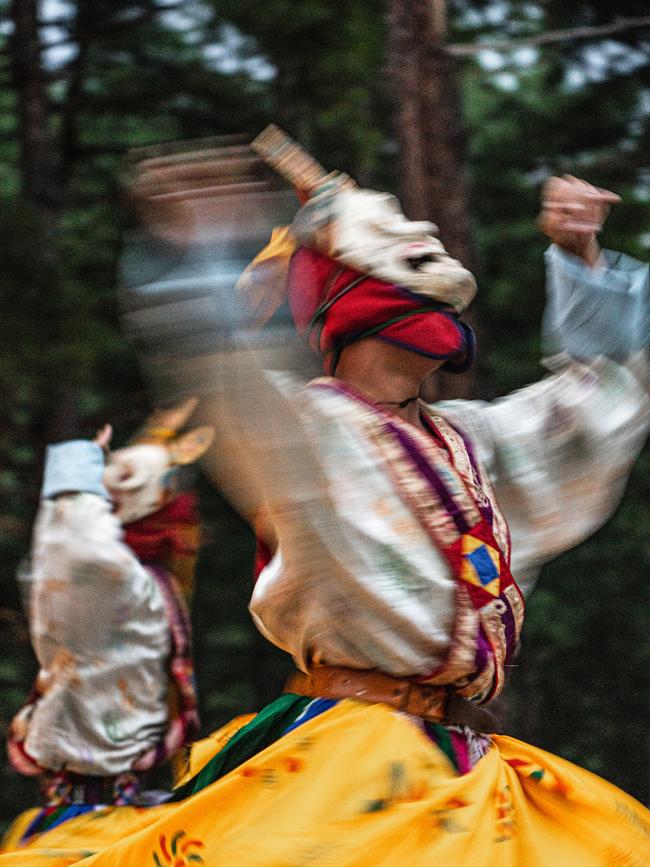 Masked Bhutanese dancers at Amankora Thimphu. Picture: Chris Schalkx.