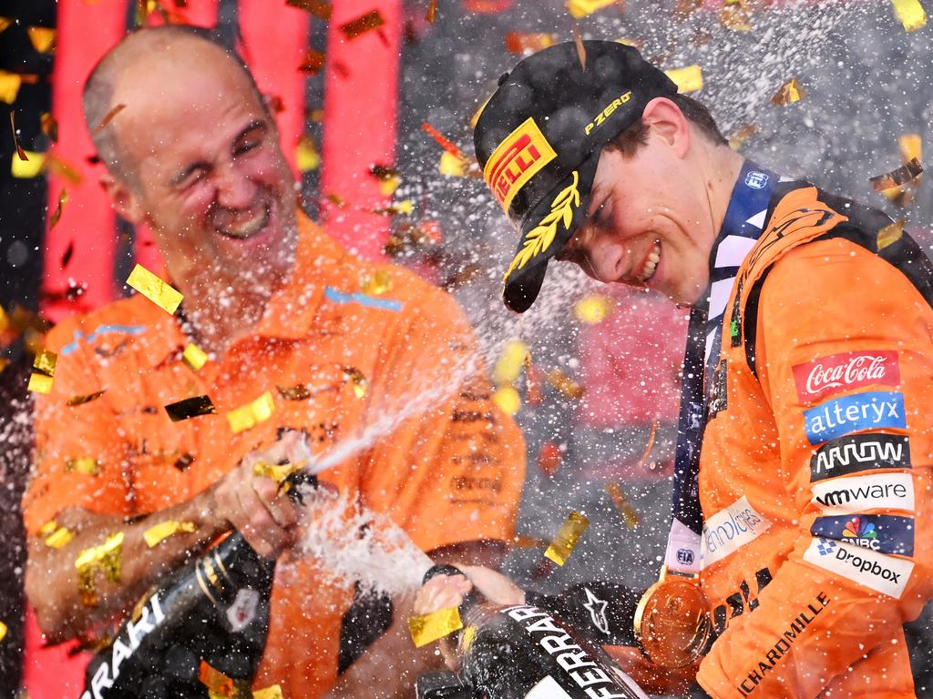 Oscar Piastri and race engineer Tom Stallard celebrate on the podium in Baku. Picture: Dan Mullan/Getty Images