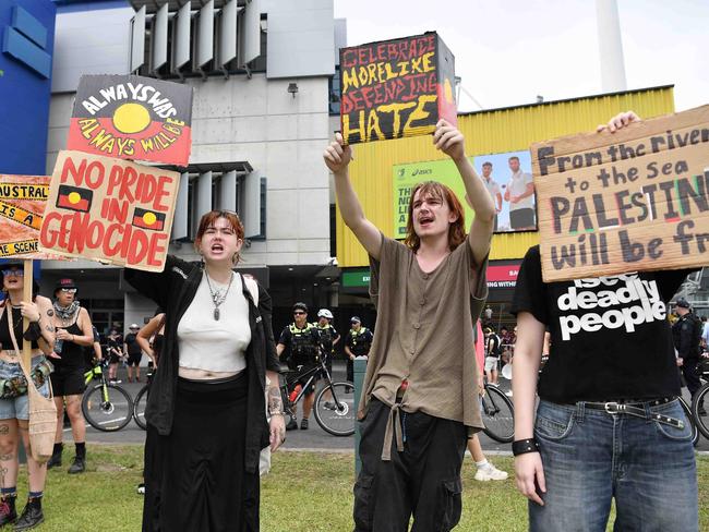 Invasion Day protest ouside the Gabba. Picture: Patrick Woods.