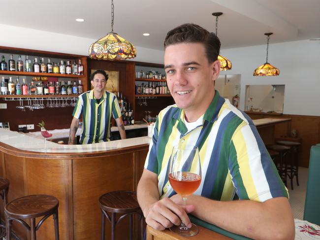The dining room and bar is described as a “mid-century Australian pub”. Pictured is owners Jack Connor and Jon Debeere. Picture Glenn Hampson