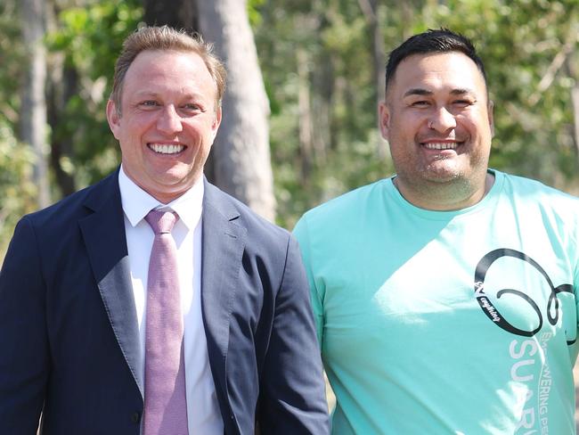 Premier Steven Miles , Meaghan Scanlon and Joesph Te-Puni-Frumont from Esuarve in Pinpama.Pic Annette Dew