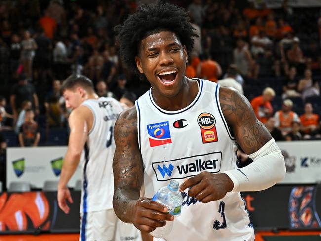 CAIRNS, AUSTRALIA - JANUARY 19: Kendric Davis of the 36ers reacts after winning the round 17 NBL match between Cairns Taipans and Adelaide 36ers at Cairns Convention Centre, on January 19, 2025, in Cairns, Australia. (Photo by Emily Barker/Getty Images)