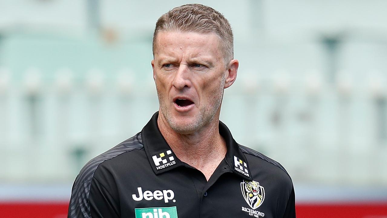 MELBOURNE, AUSTRALIA - MARCH 28: Damien Hardwick, Senior Coach of the Tigers looks on during the 2021 AFL Round 02 match between the Hawthorn Hawks and the Richmond Tigers at the Melbourne Cricket Ground on March 28, 2021 in Melbourne, Australia. (Photo by Michael Willson/AFL Photos via Getty Images)