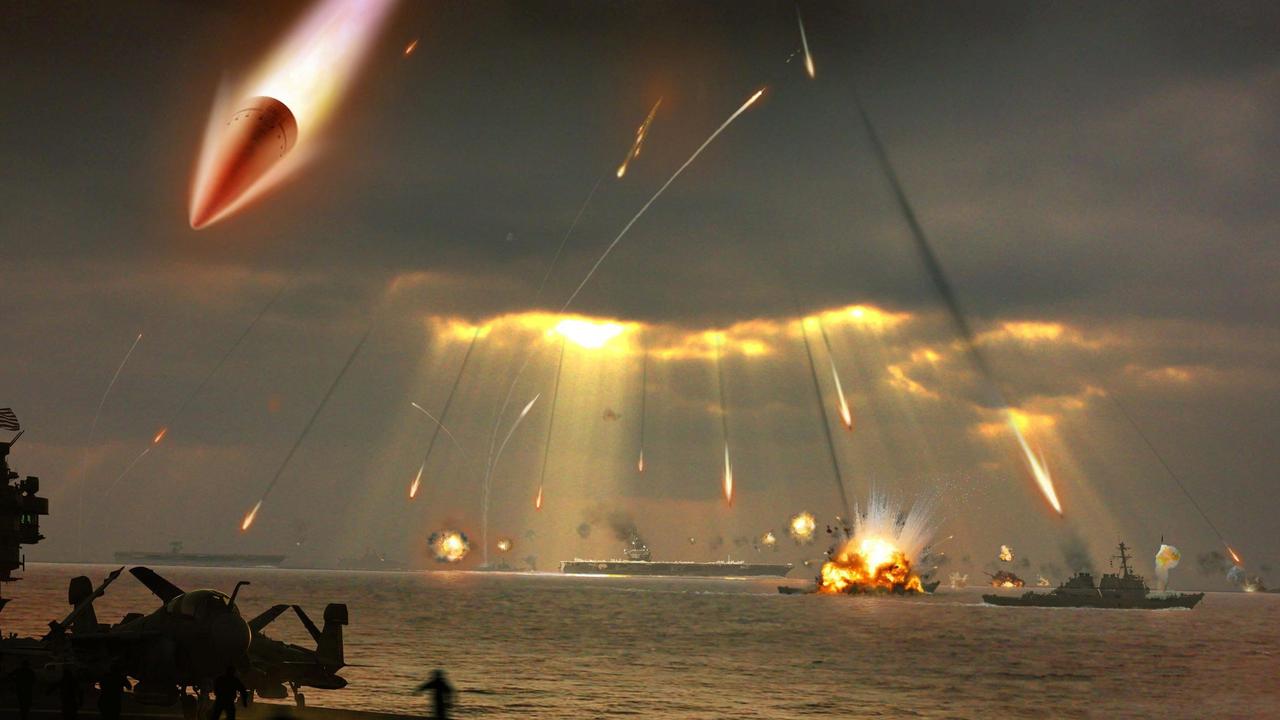 Chinese People's Liberation Army concept art showing hypersonic projectiles falling among a US carrier battlegroup.