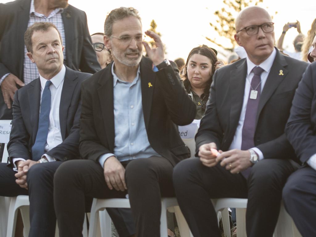 Mark Speakman (left) and Peter Dutton (right) at Jewish community vigil in Sydney last month. Picture: Monique Harmer