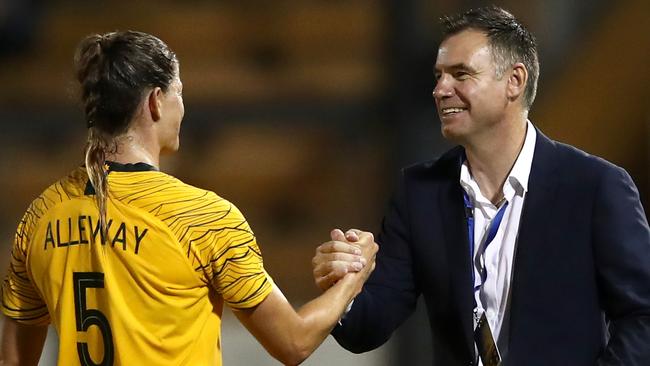 Matildas coach Ante Milicic congratulates defender Laura Alleway after the win over New Zealand. Picture: Getty Images