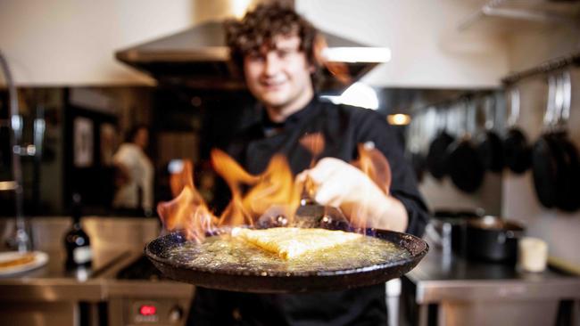 On fire: chef Silas Orre with crepes suzette.