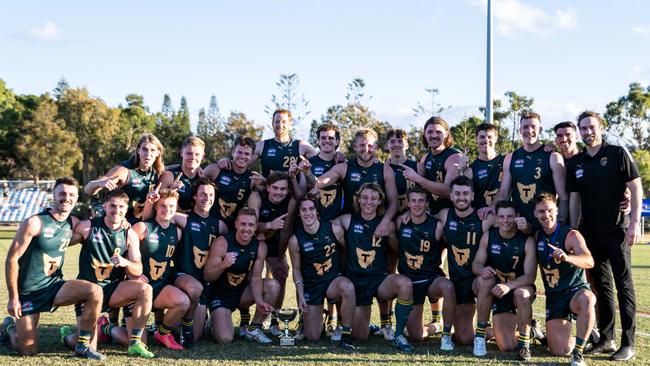 Tasmania celebrate its victory after thrashing Queensland in the 2024 Representative clash at Bond University. Picture: Aaron Black.