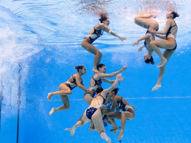 DOHA, QATAR - FEBRUARY 09: (EDITORS NOTE: Image taken using an underwater remote camera.) Carolyn Buckle, Alessandra Ho, Natalia Caloiero, Margo Joseph-Kuo, Georgia Courage-Gardiner, Zoe Poulis, Kiera Gazzard and Milena Waldmann of Team Australia compete in the Mixed Team Free Final on day eight of the Doha 2024 World Aquatics Championships at Aspire Dome on February 09, 2024 in Doha, Qatar. (Photo by Quinn Rooney/Getty Images)