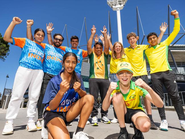 MELBOURNE, DECEMBER 13, 2024: Fans gear up for the Boxing Day test, which will potentially attract the biggest crowd in test history. L to R at front Falak Syeda, Oliver Powell, L to R at rear, Anushka Mehta, Amit Mehta, Arjun Mehta, Raza Saeed, Natalie Powell, Mitchell Powell, Ahmed Raza.  Picture: Mark Stewart