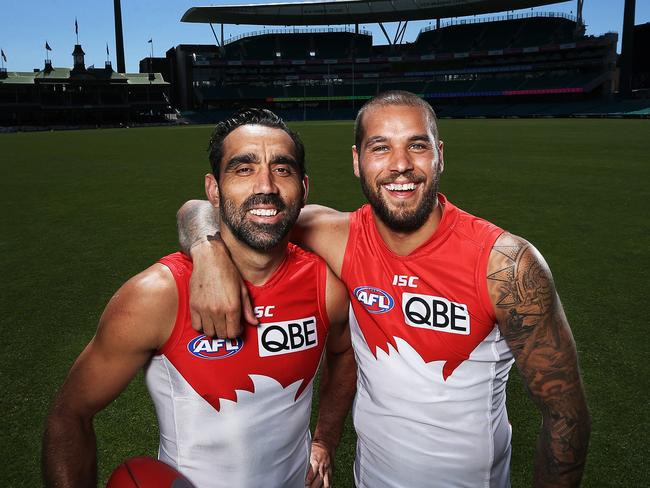 Adam Goodes with Swans teammate and good friend Buddy Franklin. Picture: Phil Hillyard