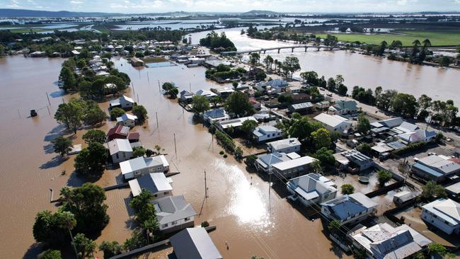 An aerial drone view of houses inundated by floodwater on March 07, 2022 in Woodburn, Australia. Picture: Dan Peled/Getty Images