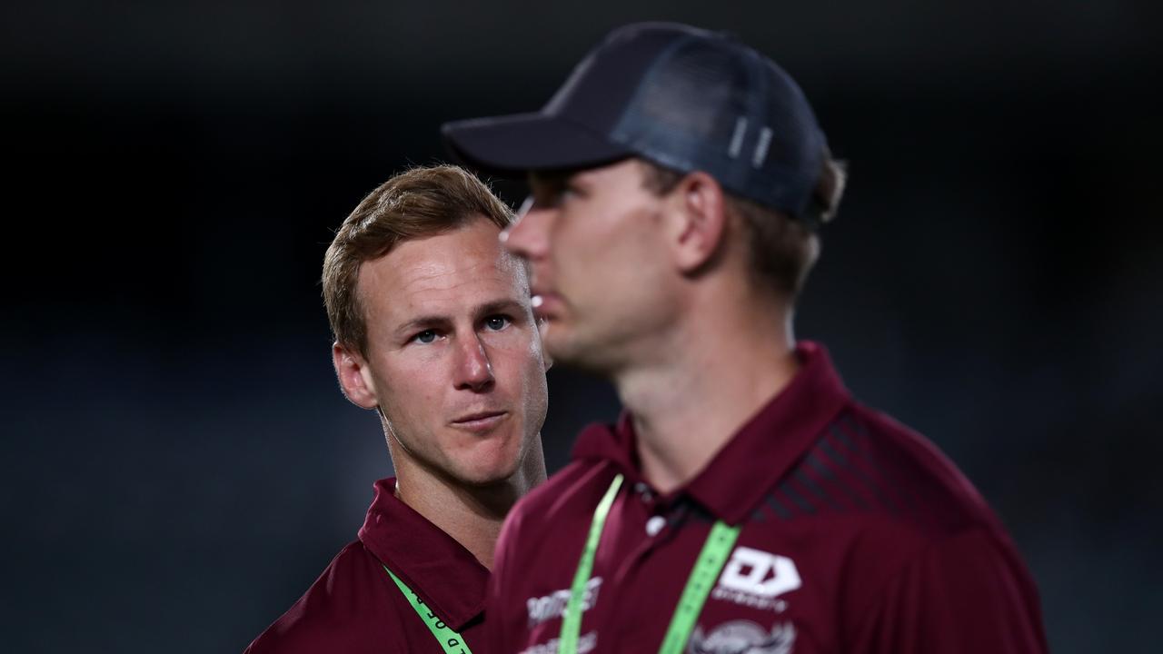 Daly Cherry-Evans talks to Tom Trbojevic ahead of a trial clash. Picture: Getty Images