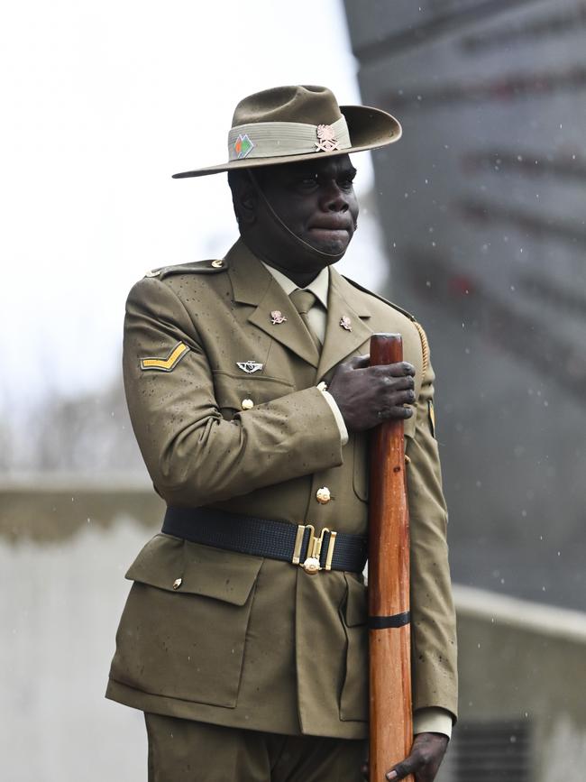 Australian Army didgeridoo player at the commemorative service to mark the 50th anniversary of the end of Australia's involvement in the Vietnam War. Picture: NCA NewsWire / Martin Ollman