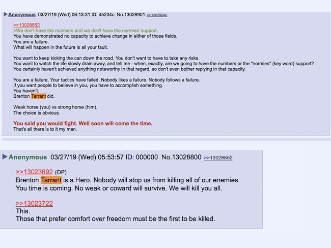 A sample of posts on 8chan posted in response to the Christchurch terror attack.