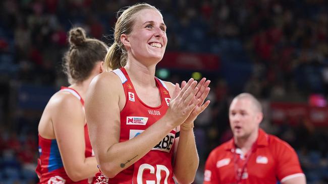 SYDNEY, AUSTRALIA - APRIL 21: Maddy Turner of the Swifts celebrates victory during the round two Super Netball match between NSW Swifts and Melbourne Mavericks at Ken Rosewall Arena, on April 21, 2024, in Sydney, Australia. (Photo by Brett Hemmings/Getty Images)