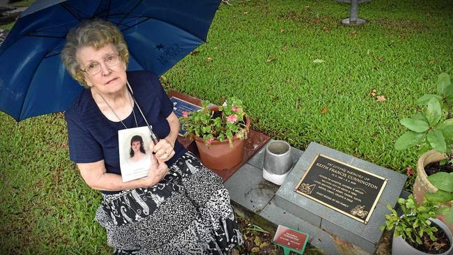 Vera Cunnington, 88, is heartbroken a special floral arrangement in the exact colours her daughter loved was taken from her grave at Kulangoor Lawn Cemetery. Picture: Patrick Woods