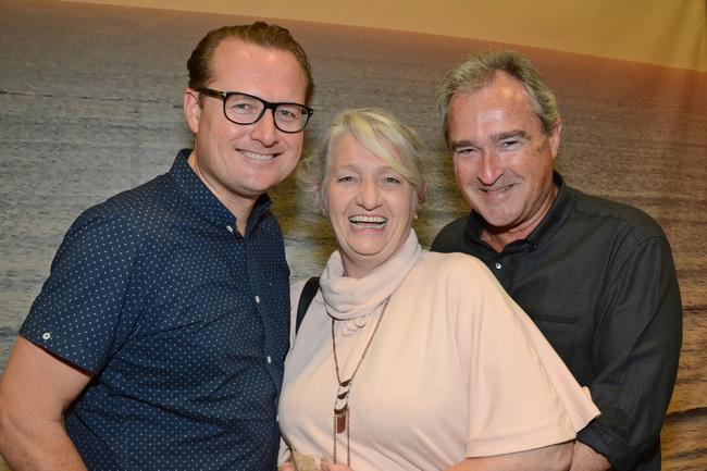 Adam Beck, Rosemary and Graham Beard at launch of display for Sunland’s Magnoli apartments, Nerang. Picture: Regina King