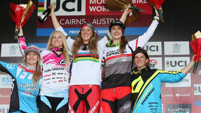 Womens downhill final top five (L-R) Tahnee Seagrave, Tracey Hannah, winner Rachel Atherton, Manon Carpenter and Morgane Charre on the race podium.