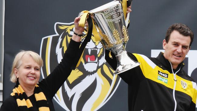 Richmond president Peggy O'Neil and chief executive Brendon Gale hold the premiership cup aloft. Picture: Michael Dodge/Getty Images