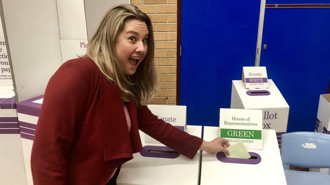 Hume Labor federal candidate Aiofe Champion lodging her vote at Elizabeth Macarthur High School this morning.