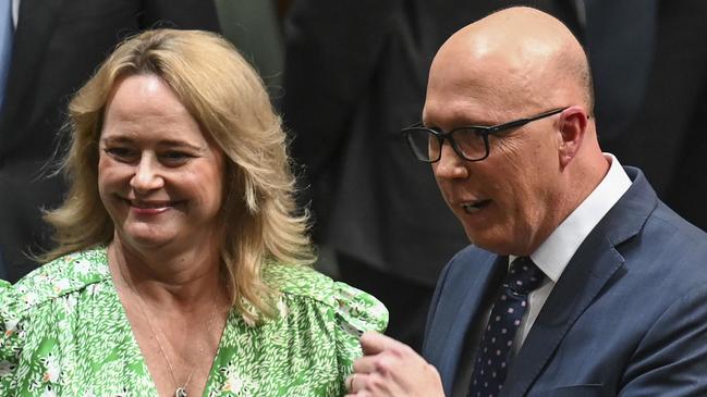 CANBERRA, AUSTRALIA - MAY 11: Kirilly Dutton congratulates Peter Dutton after he delivered his Budget reply in the House of Representatives at Parliament House in Canberra. Picture: NCA NewsWire / Martin Ollman