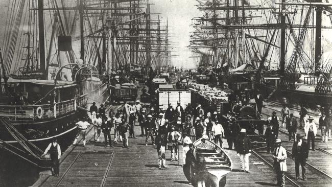 The Melbourne and Hobson's Bay United Railway Company's Pier in Sandridge in 1850. Picture: HWT Library