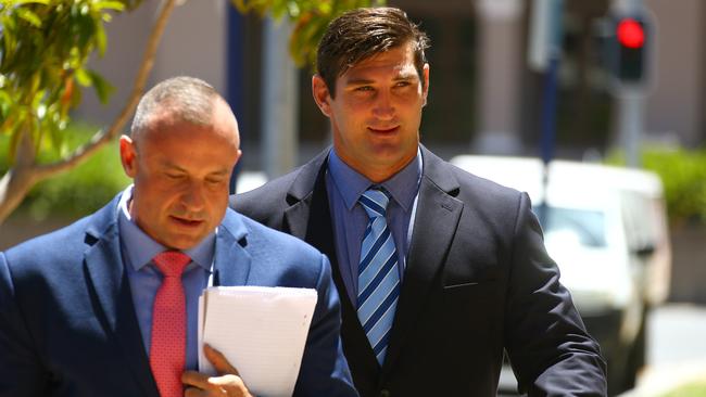 Former Gold Coast Titans player Dave Taylor pictured appearing in Southport Court with his lawyer Campbell McCallum in 2016. Picture: David Clark