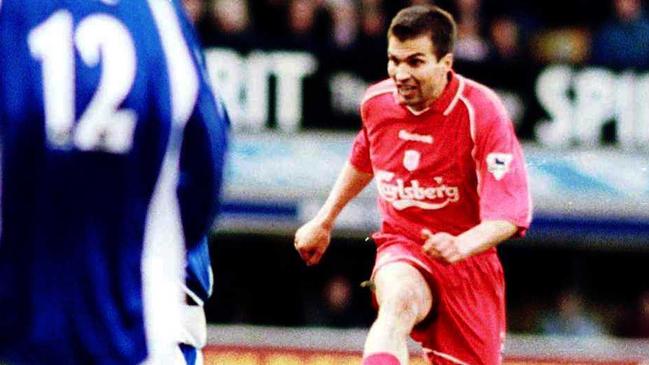 Liverpool's Markus Babbel scores Liverpool's second goal against Everton  (Photo by Matthew Ashton/EMPICS via Getty Images)