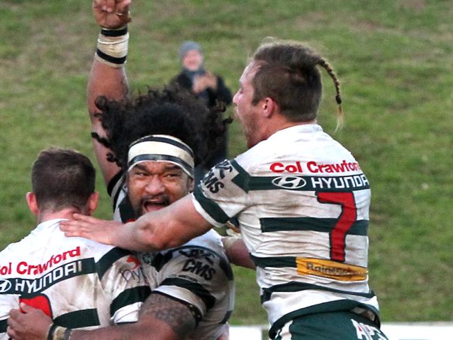 Rats celebrate their winning try. Pittwater Rugby Park - game between Warringah v Eastern Suburbs.