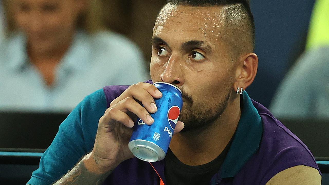 Nick Kyrgios enjoys a refreshment against Dominic Thiem. Pic: Michael Klein