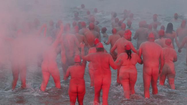Dark Mofo 2023 Nude Solstice Swim at Long Beach Sandy Bay. Picture: Nikki Davis-Jones