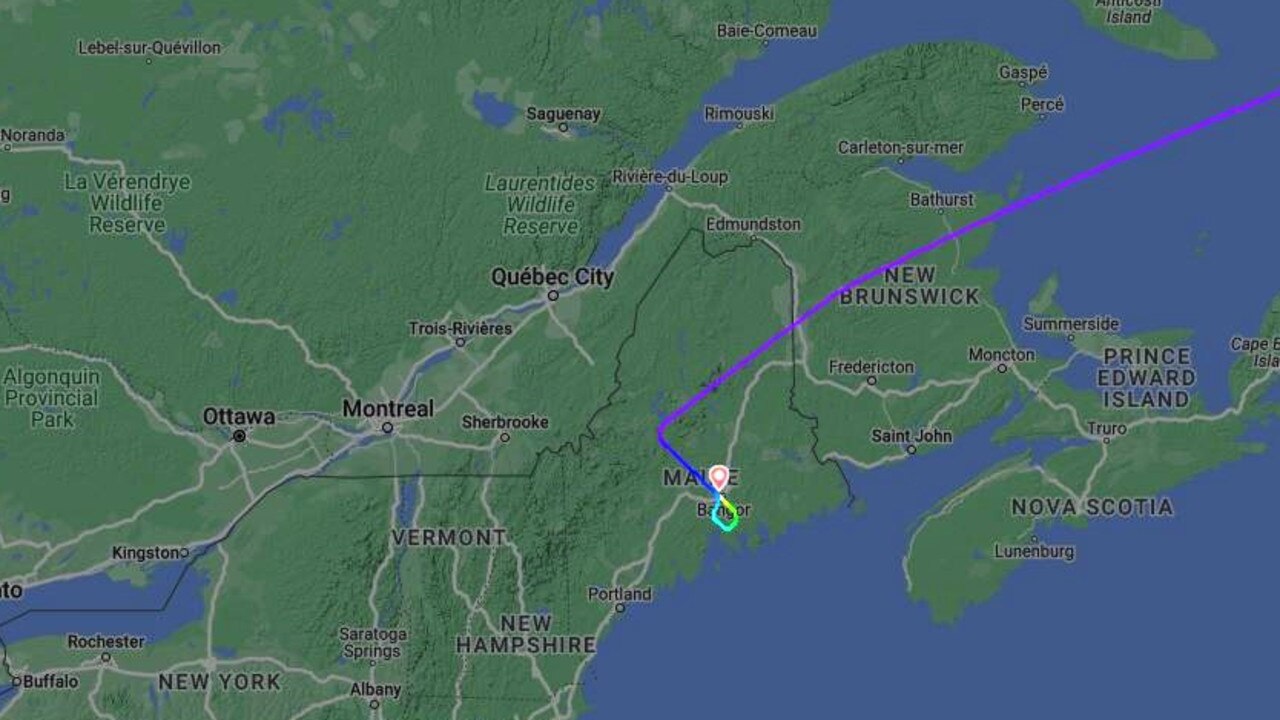 The plane’s unscheduled stop in Maine, not New York. Picture: FlightRadar24.