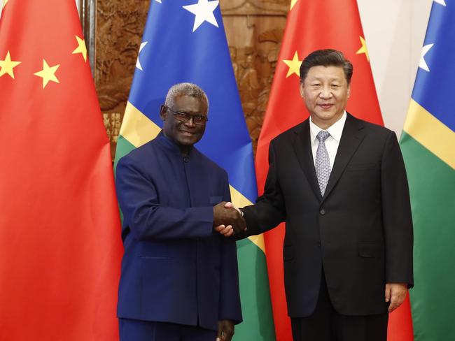 Xi Jinping with Manasseh Sogavare. Picture: Sheng Jiapeng/China News Service/VCG via Getty Images