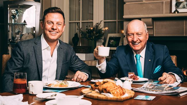 Alan Jones at his Southern Highlands home with Ben Fordham shortly before the broadcasting veteran’s retirement. Picture: Jonathan Ng