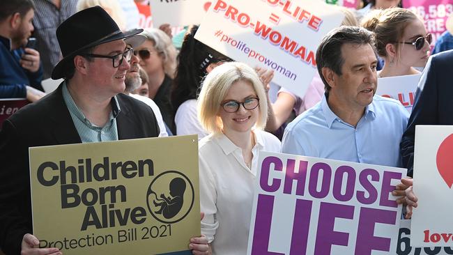 Senator Amanda Stoker at an anti-abortion rally outside QLD State Parliament, along with George Christensen. Picture: Lyndon Mechielsen