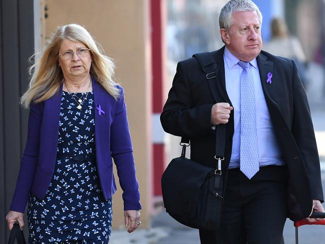 Mark and Faye Leveson, the parents of Matthew Leveson, arrive at Glebe Coroner’s Court today. Picture: David Moir